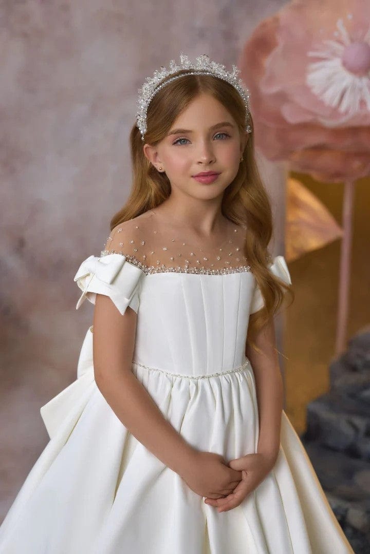 3m / White Sunnypetal Short Sleeves Bow Satin Flower Girl Dresses for Wedding Communion Gown