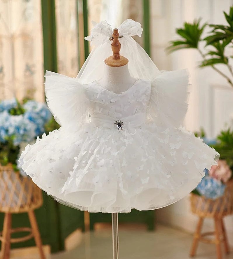 3m / White Sunnypetal Short Sleeves Feather Tulle Knee-Length Birthday Party Baby Girl Dress