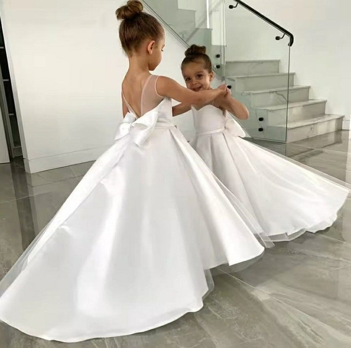 3m / White Sunnypetal Simple White Child Flower Girl Dresses Tulle Satin Bow First Communion Gown