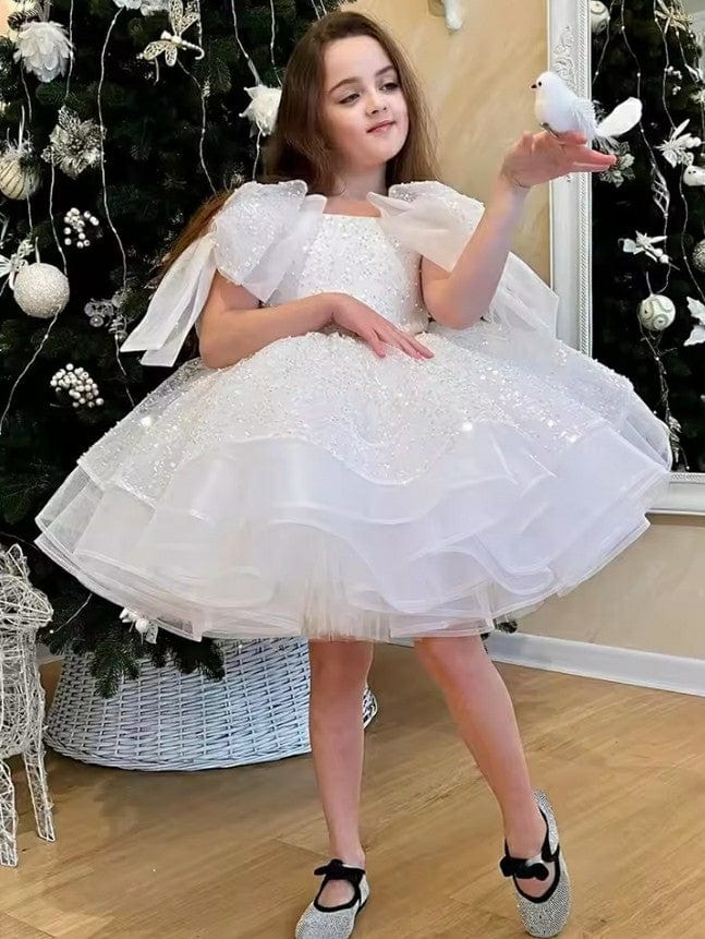 3m / White Sunnypetal Tulle Flower Girl Dresses Knee Length Glitter Sequins Toddler Pageant Ballet Tutu Dress