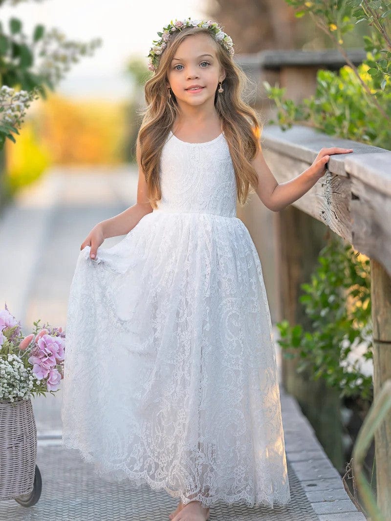 3m / White Sunnypetal Vingte Lace Tulle Sleeveless A-Line Party Flower Girl Dress