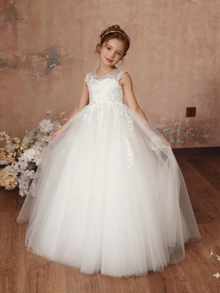 3m / White Sunnypetal White Flower Girl Ball Gown Dress Tulle Sleeveless Floor-Length First Communion Dresses