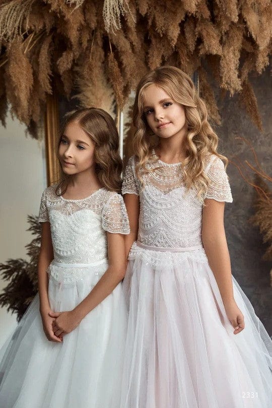 3m / White Sunnypetal White Flower Girl Dresses Short Sleeve Tulle Communion Dress