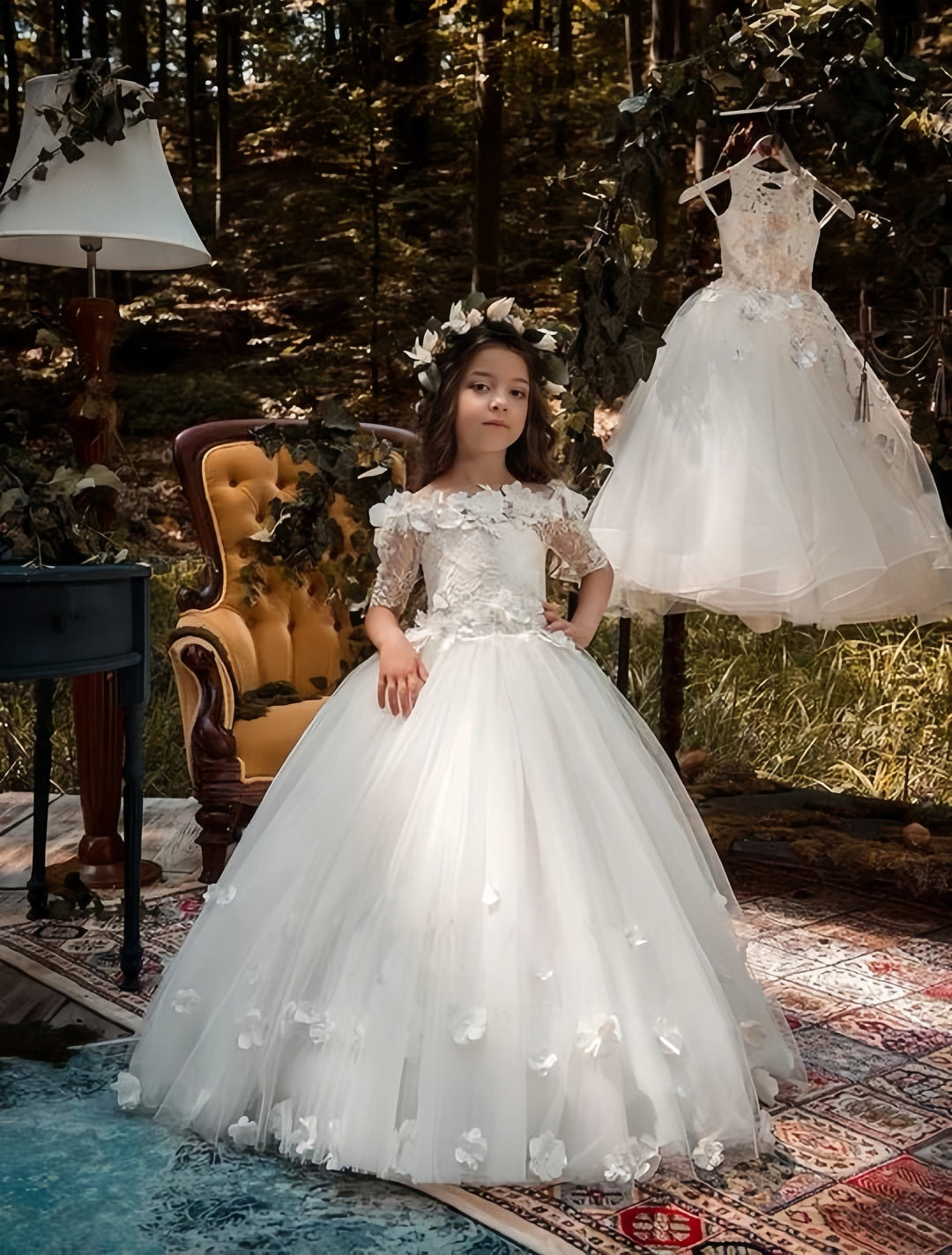 3m / White Sunnypetal White Lace Half Sleeves Off the Shoulder Tulle Flower Girl Dress With 3D Floral