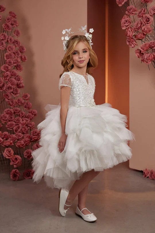 3m / White Sunnypetal White Shiny Sequins Bodice Ruffled High-Low Knee-Length Flower Girl Dress