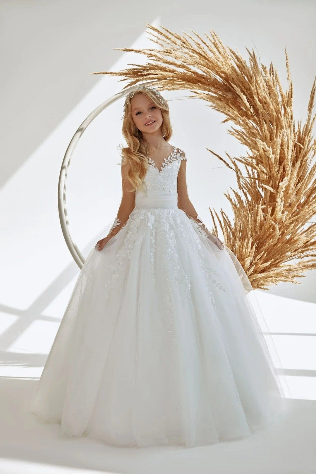 3m / White Sunnypetal White Tulle Flower Girl Dresses Appliques Long Sleeve First Communion Dress