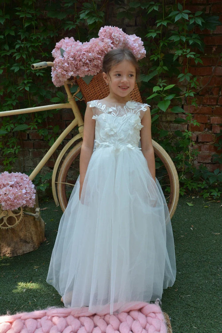 3m / White Without Train Sunnypetal White Tulle Flower Girl Dresses Lace Appliques Wedding Dress with 3D Floral / Bow