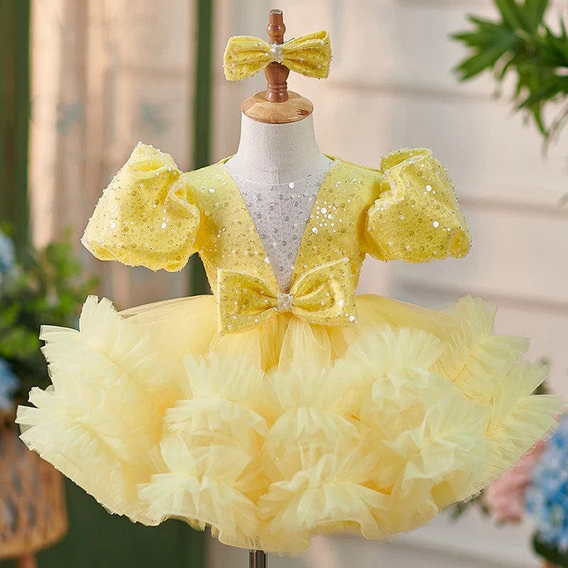 3m / Yellow Sunnypetal Puff Sleeves Sequins Tulle Knee-Length Ball-Gown Baby Girl Dress