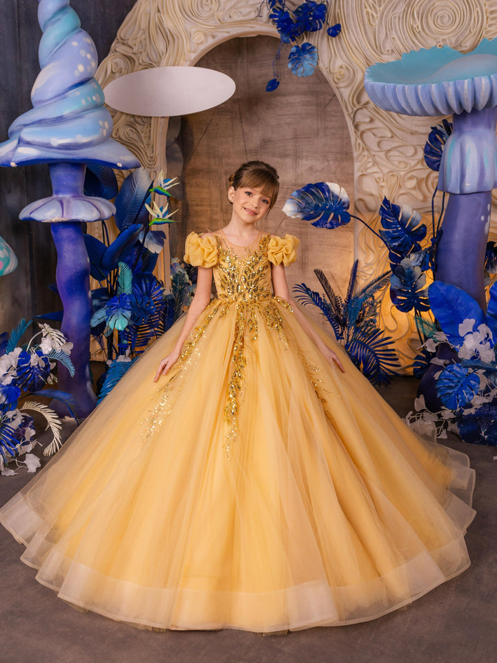 3m / Yellow Sunnypetal Shiny Sequins Tulle Ruffles Flower Girl Dresses Puff Sleeves Long Princess Ball Gown