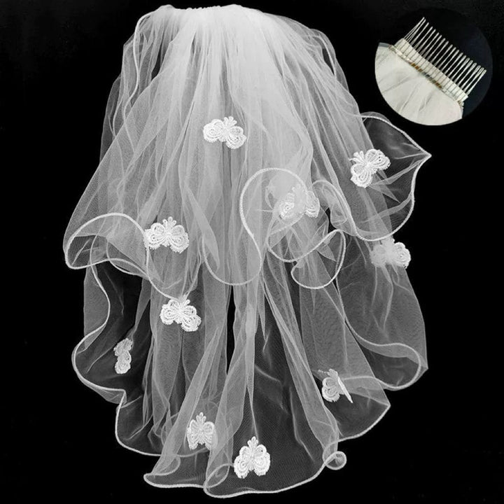 40-50cm with Hair Comb / Double layer curled flower butterfly Sunnypetal Elegant Flower Girl Veil First Holy Communion Veil for Girls Wedding Party Costume