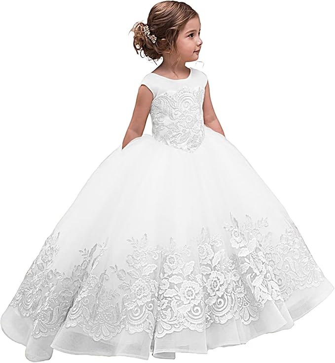 6m / All White Sunnypetal Ball Gowns Tulle Lace Kids Flower Girl Dress With Bow