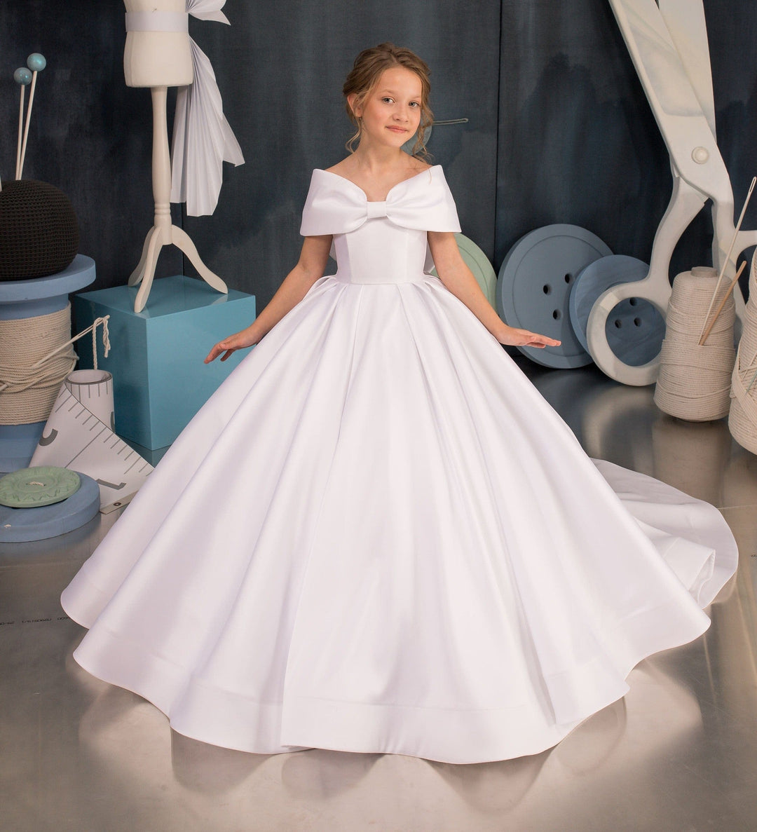 6m / All White Sunnypetal White Off Shoulder Satin Ball Gown Bow Princess Flower Girl Dress