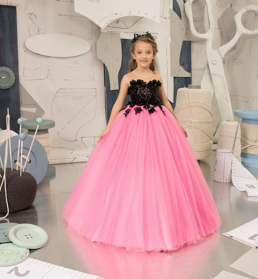 6m / Black Pink Sunnypetal Black Sequins Sleeveless Flower Girl Dresses Long Pink Tulle Ball Gowns