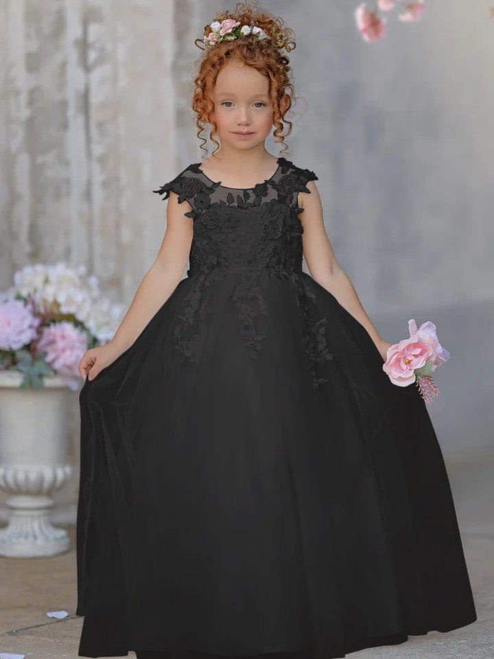 6m / Black Sunnypetal Lace Appliques Bow Sleeveless Tulle Floor-Length Princess Flower Girl Dress