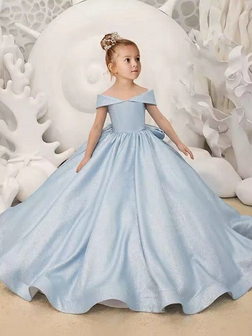 6m / Blue Sunnypetal Off-The-Shoulder Satin Long Princess Flower Girl Dresses With Bow