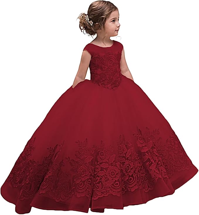 6m / Burgundy Sunnypetal Ball Gowns Tulle Lace Kids Flower Girl Dress With Bow