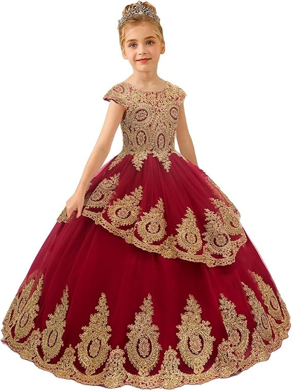 6m / Burgundy Sunnypetal Beaded Lace Appliques Flower Girl Dress First Communion Ball Gown Kids Dresses