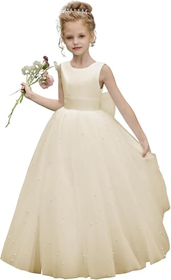 6m / Champagne Sunnypetal A-Line Pearl Beads Flower Girls Dress Sleeveless Puffy Tulle with Bow