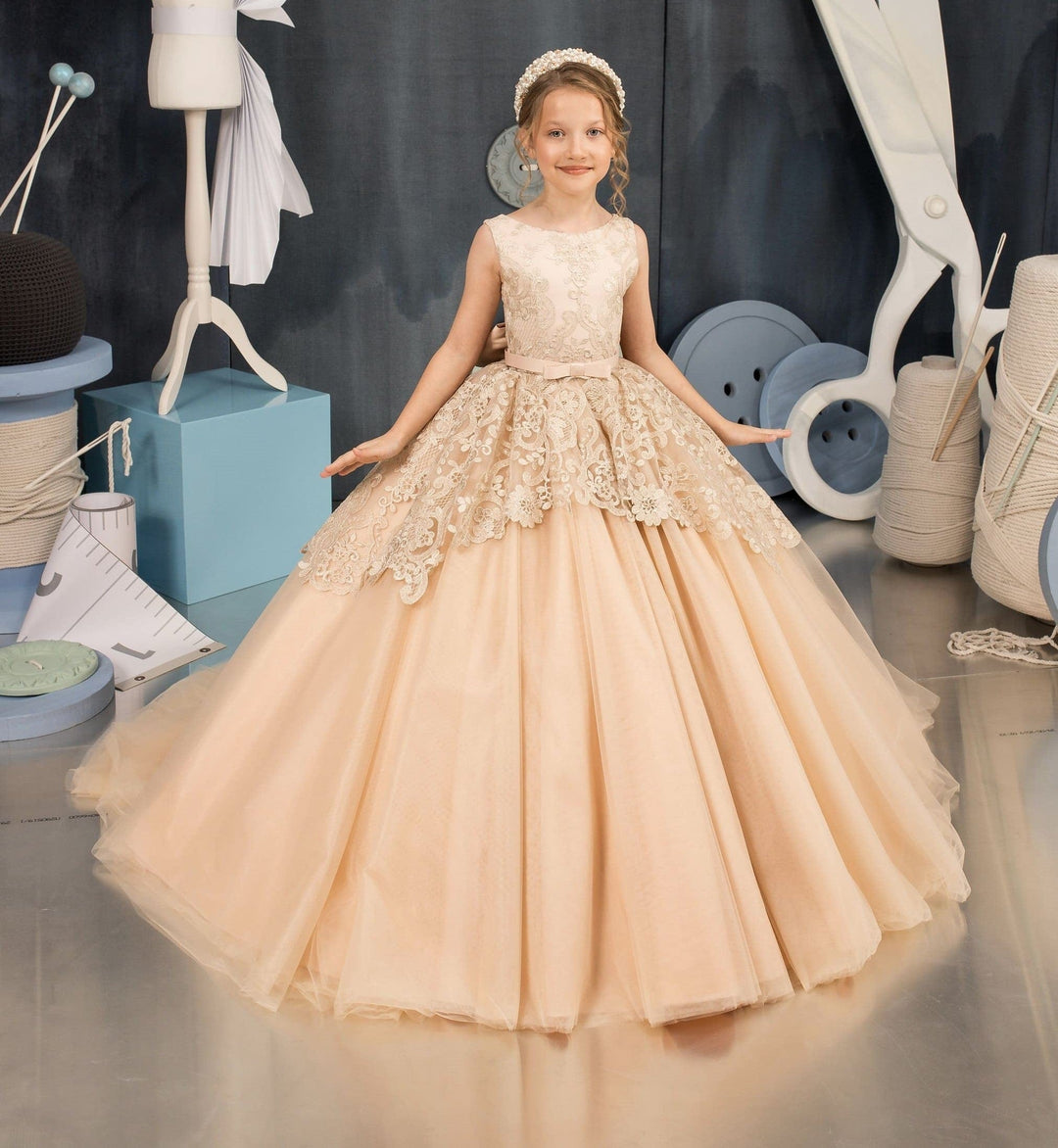 6m / Champagne Sunnypetal Ball Gown Champagne Tulle Lace Bodicec Flower Girl Dresses With Bow