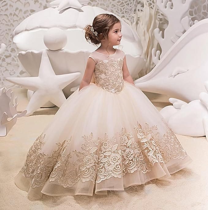 6m / Champagne Sunnypetal Ball Gowns Tulle Lace Kids Flower Girl Dress With Bow