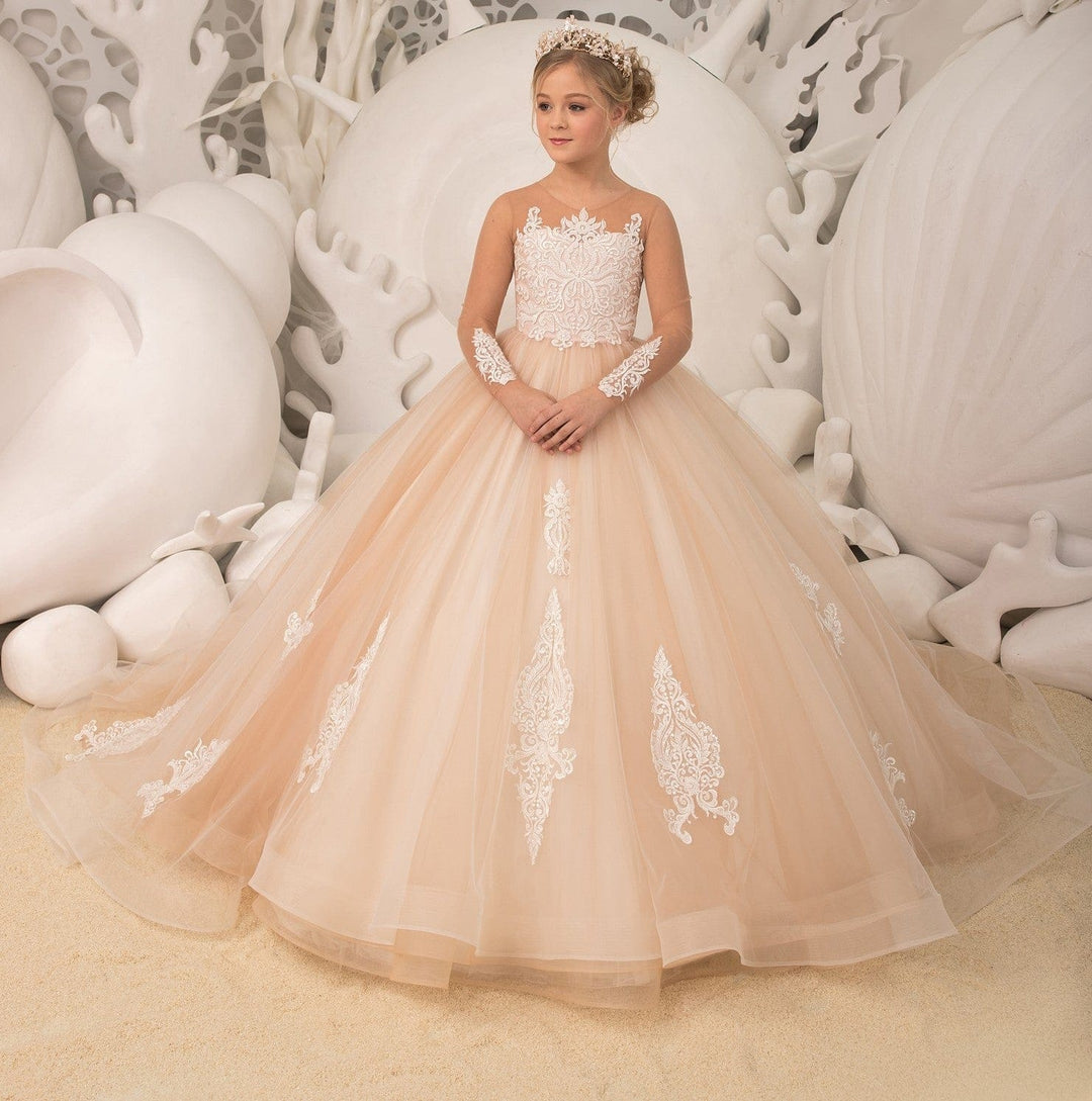 6m / Champagne Sunnypetal Champagne Tulle Appliques Long Sleeves Princess Dress