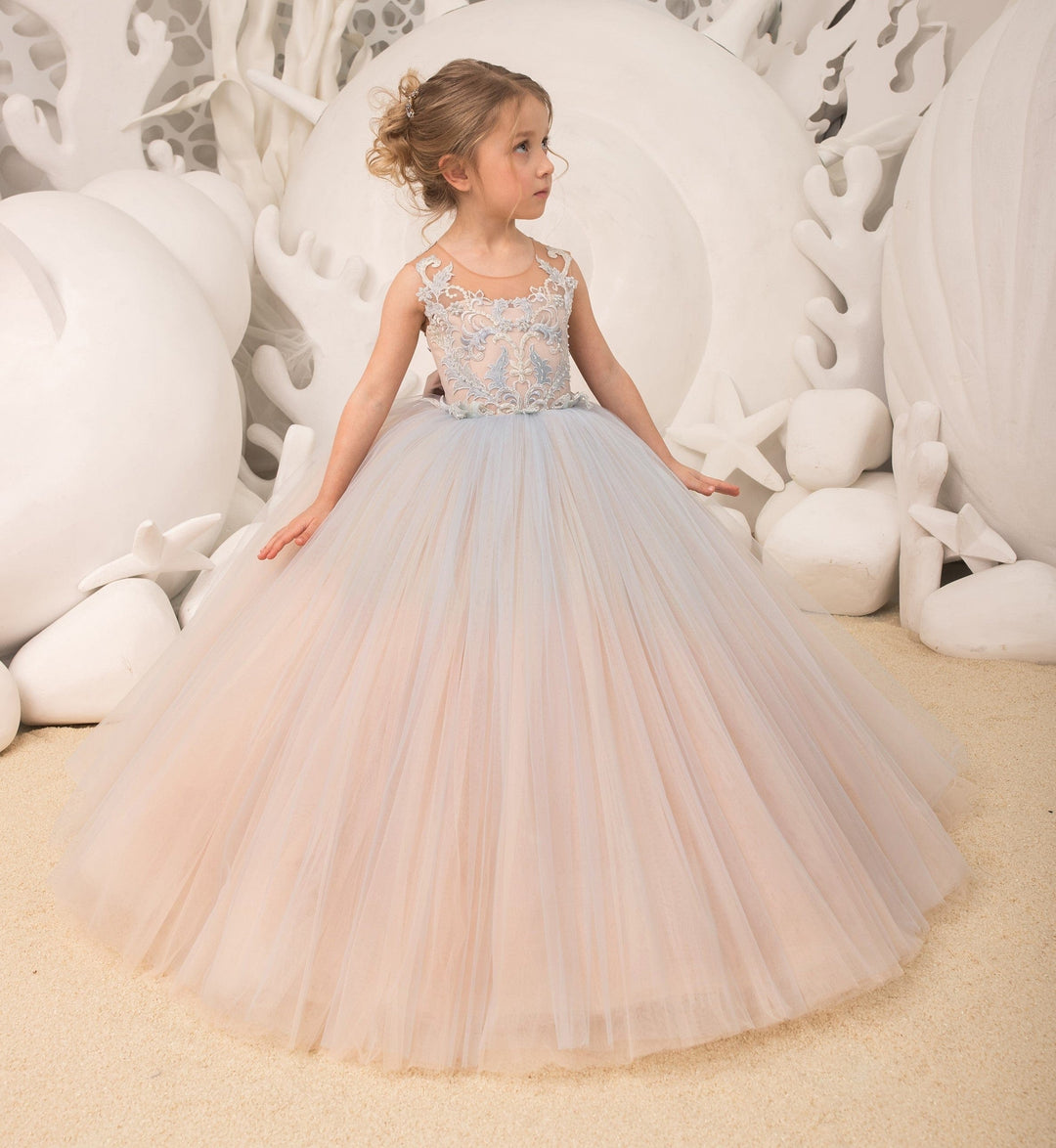 6m / Champagne Sunnypetal Child Princess Tulle Lace Flower Girl Dresses With Beading Bow