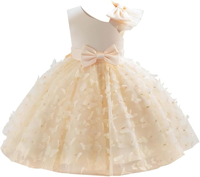 6m / Champagne Sunnypetal Toddler Baby Girl Butterfly Tutu Dress Bowknot Princess Flower Girl Wedding Dresses