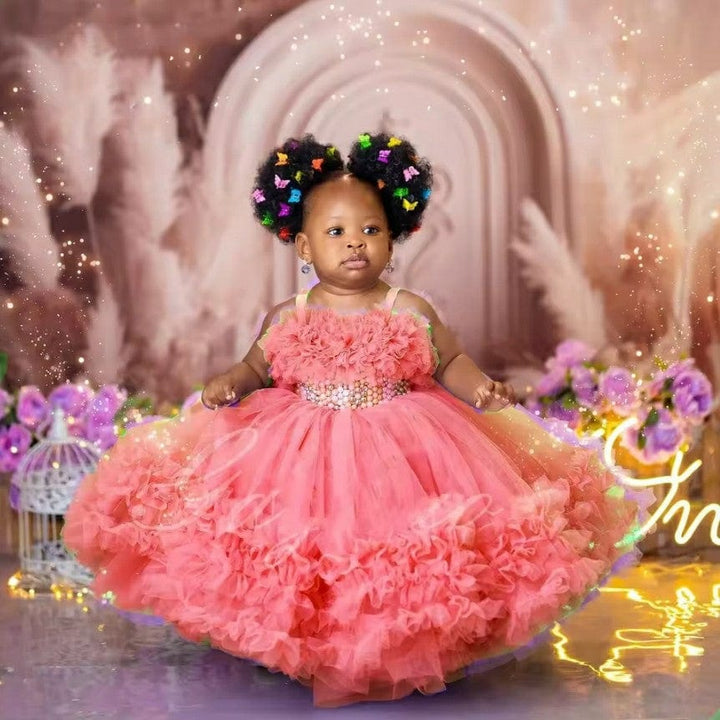 6m / Coral Sunnypetal Ruffles Baby Girl Birthday Pageant Dresses Long Pearls Tulle Princess Dress