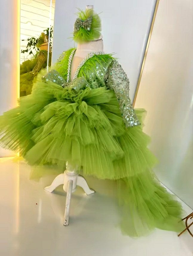 6m / Green Sunnypetal Birthday Princess Feather Tulle Sequins Pageant Dress Glitter Flower Girl Dress With Long Train