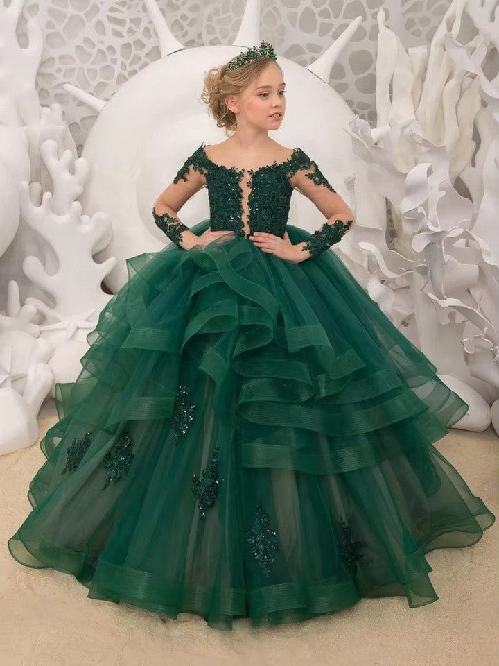 6m / Green Sunnypetal Tulle Lace Flower Girl Dress Long Sleeves Princess Gowns With Sequins