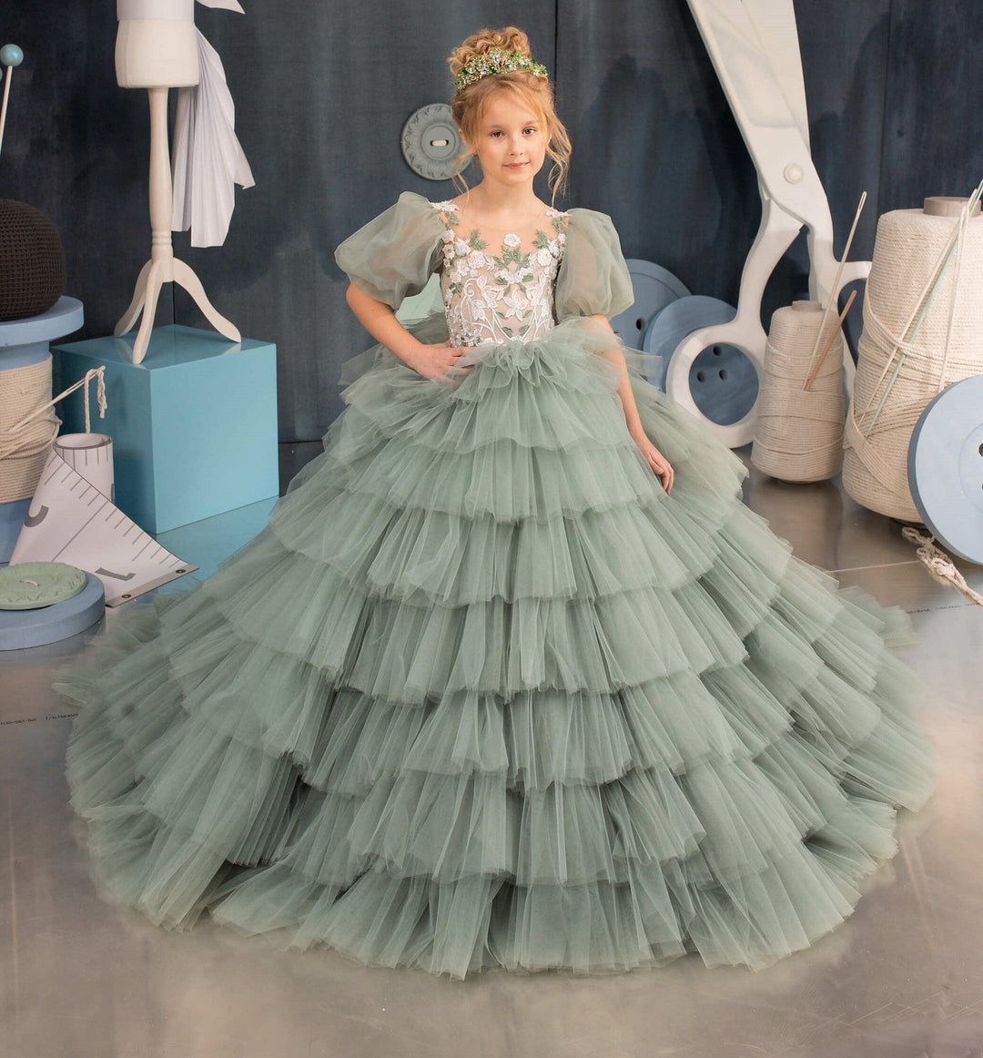 6m / Grey Green Sunnypetal Grey Green Tulle Puff Sleeve Flower Girl Puffy Tiered Dresses