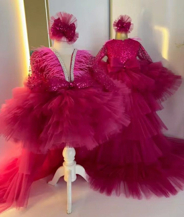 6m / Hot Pink Sunnypetal Birthday Princess Feather Tulle Sequins Pageant Dress Glitter Flower Girl Dress With Long Train