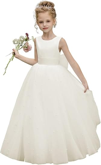 6m / Ivory Sunnypetal A-Line Pearl Beads Flower Girls Dress Sleeveless Puffy Tulle with Bow