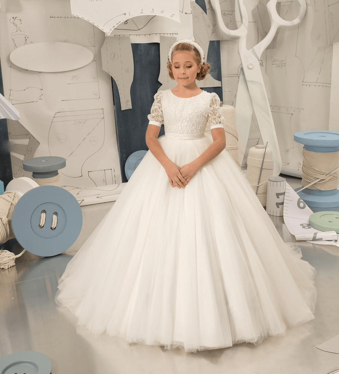 6m / Ivory Sunnypetal Ivory Ball-Gown Tulle Appliques Sequins Half Sleeve Flower Girl Dresses