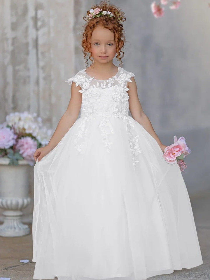 6m / Ivory Sunnypetal Lace Appliques Bow Sleeveless Tulle Floor-Length Princess Flower Girl Dress