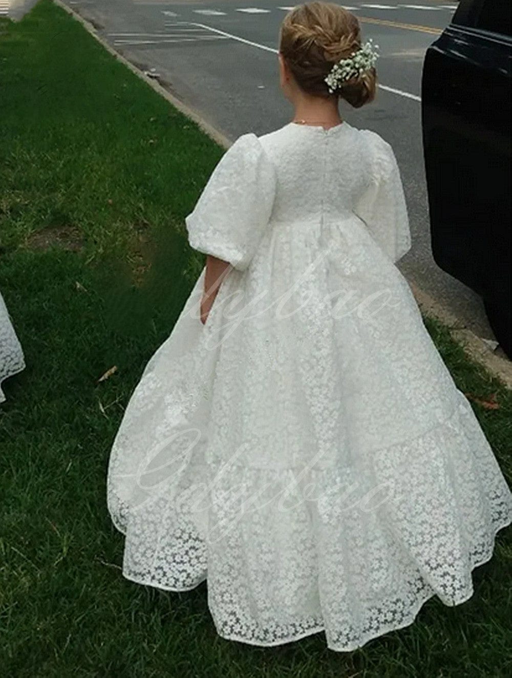 6m / Ivory Sunnypetal Lace Flower Girl Dress Tulle White Half Sleeves Puffy Kids First Communion Ball Gowns