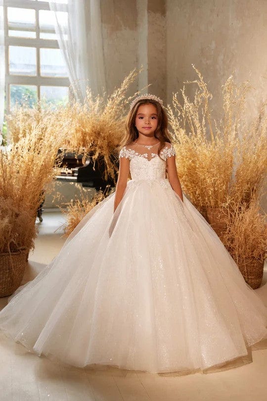 6m / Ivory Sunnypetal Lovely Flower Girl Ball Gown Dresses Shiny Tulle Lace Appliques Wedding Communion Dress