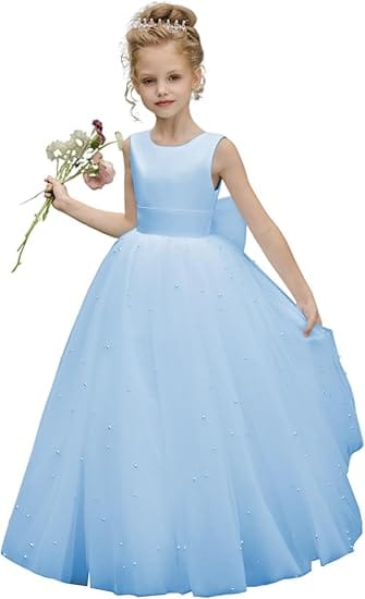 6m / Light Blue Sunnypetal A-Line Pearl Beads Flower Girls Dress Sleeveless Puffy Tulle with Bow