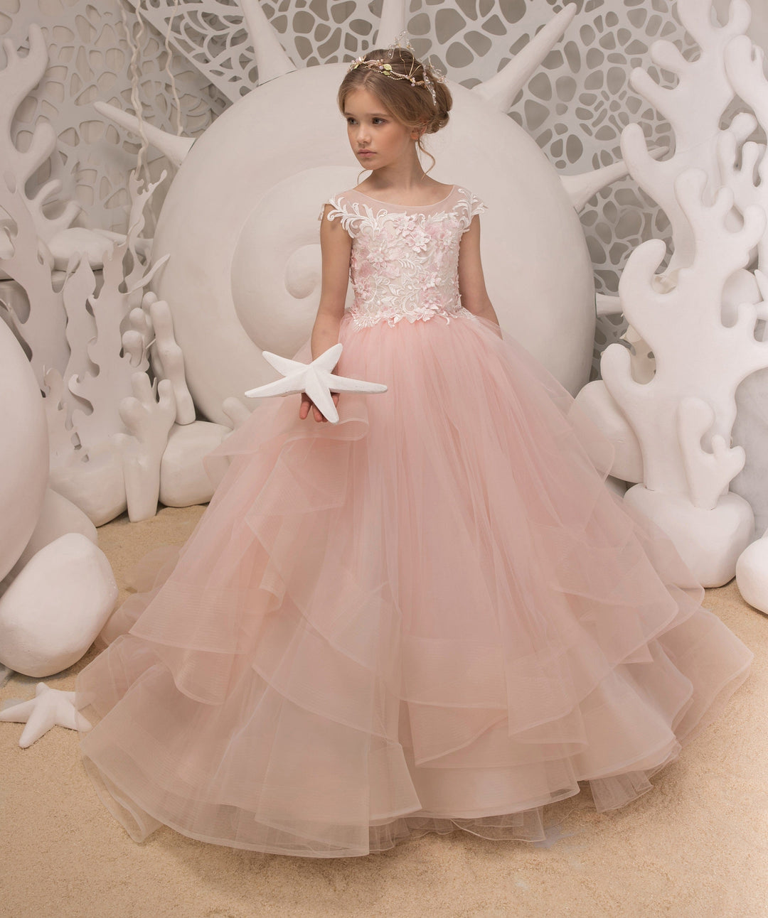 6m / Light Pink Sunnypetal Light Pink Appliques Pearls Tulle Princess Flower Girl Dresses