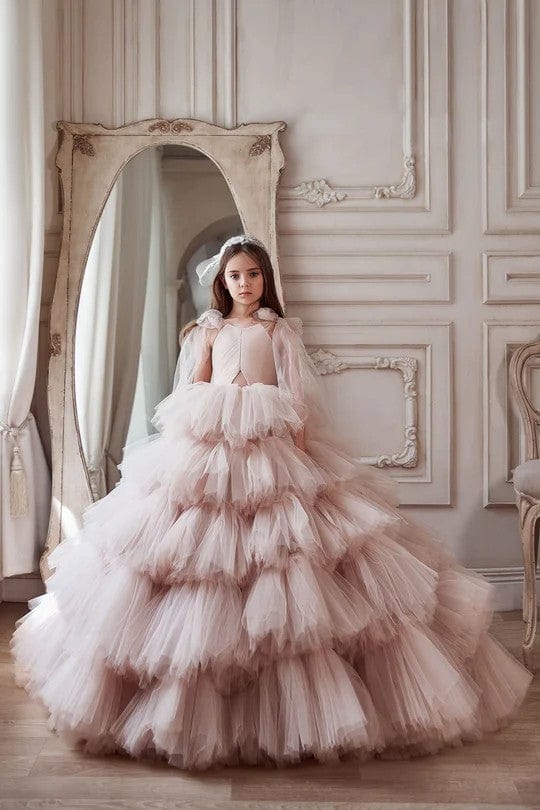 6m / Light pink Sunnypetal Puffy Ruffled Tulle Flower Girl Dress Pageant Ball-Gown With Straps