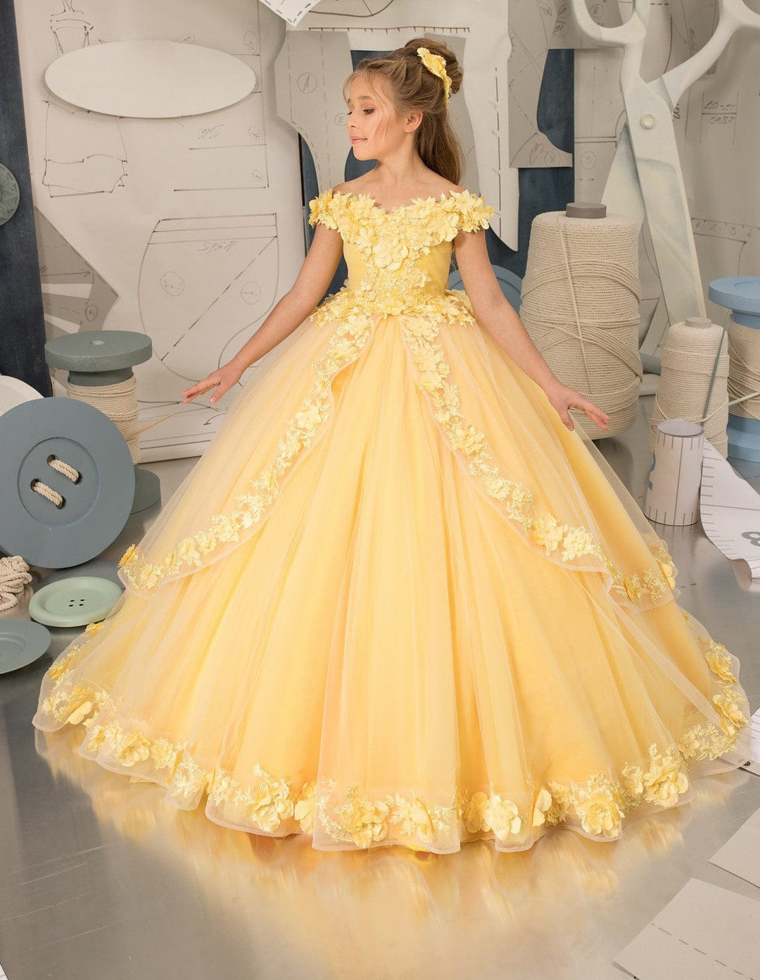 6m / Light Yellow Sunnypetal Ball-Gown Tulle Lace Flower Girl Dress With Beading/3D Floral