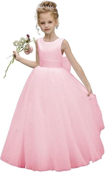 6m / Pink Sunnypetal A-Line Pearl Beads Flower Girls Dress Sleeveless Puffy Tulle with Bow