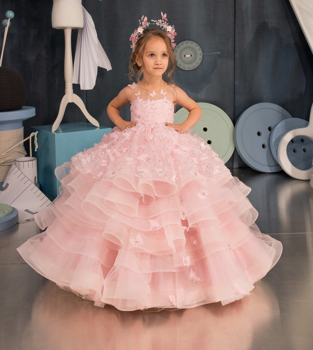 6m / Pink Sunnypetal Ball Gown Kids Tulle Sequins Jewel Lace Flower Girl Dress With 3D Butterfly