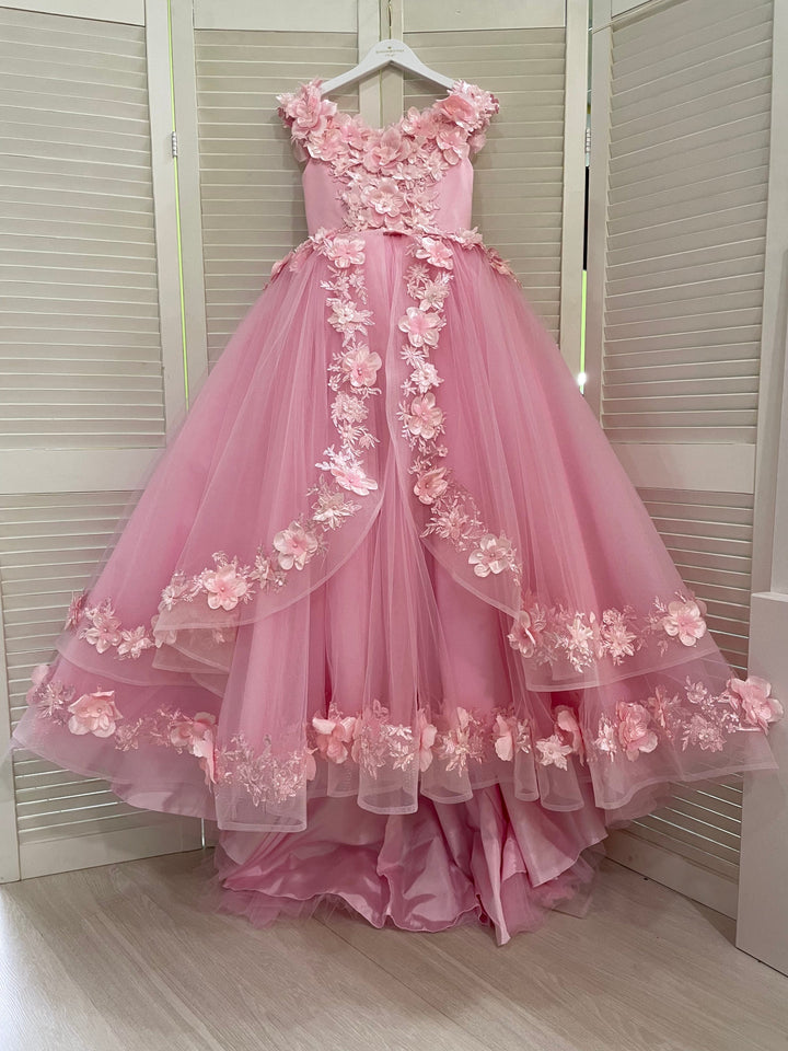 6m / Pink Sunnypetal Ball-Gown Tulle Lace Flower Girl Dress With Beading/3D Floral