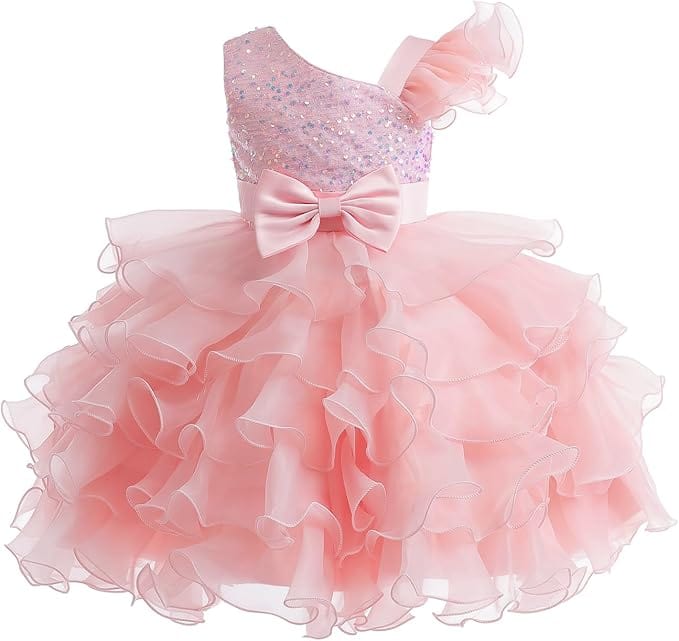 6m / Pink Sunnypetal Girls Pageant Party Dress Ruffle Flower Kids Wedding Ball Gown Sequins Princess Dress