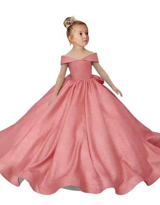 6m / Pink Sunnypetal Off-The-Shoulder Satin Long Princess Flower Girl Dresses With Bow