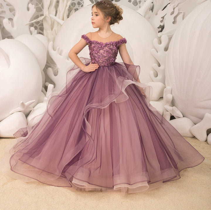 6m / Purple Sunnypetal Ball-Gown Purple Tulle Lace Flower Girls Dress With Beading