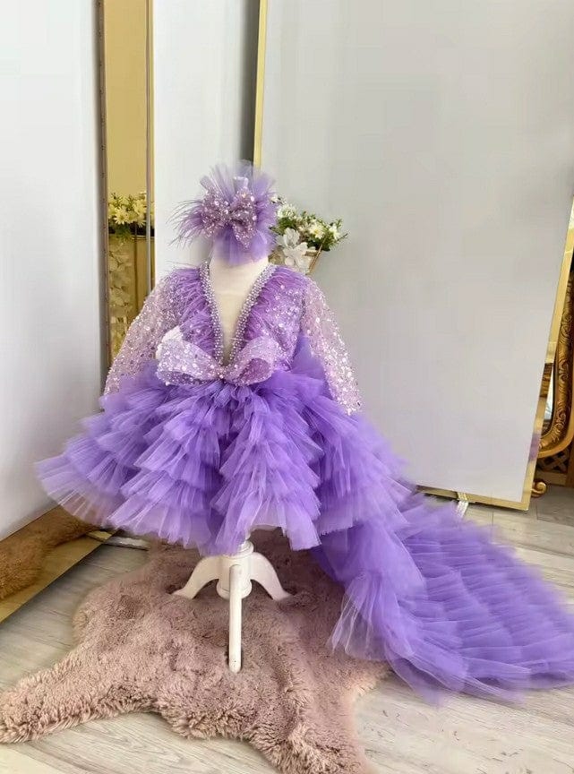 6m / Purple Sunnypetal Birthday Princess Feather Tulle Sequins Pageant Dress Glitter Flower Girl Dress With Long Train