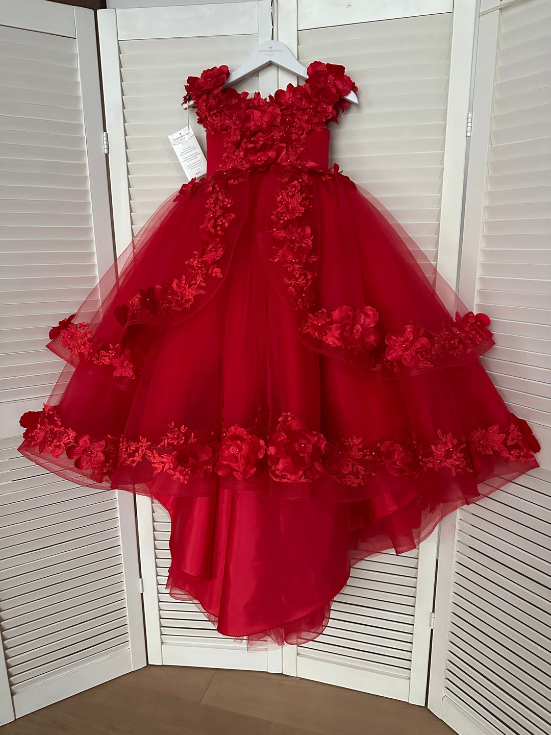 6m / Red Sunnypetal Ball-Gown Tulle Lace Flower Girl Dress With Beading/3D Floral