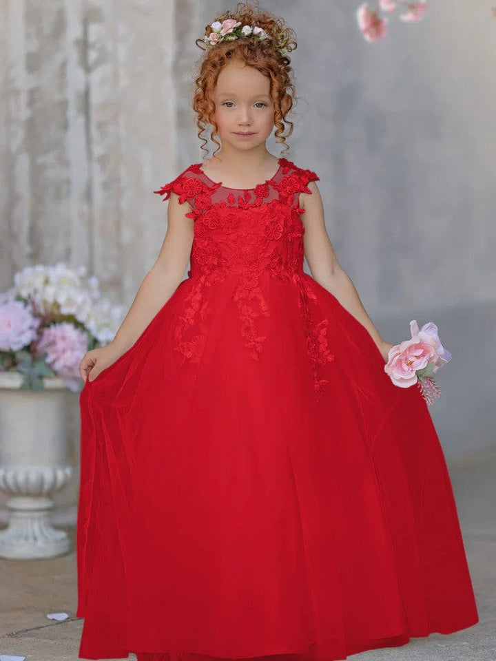 6m / Red Sunnypetal Lace Appliques Bow Sleeveless Tulle Floor-Length Princess Flower Girl Dress